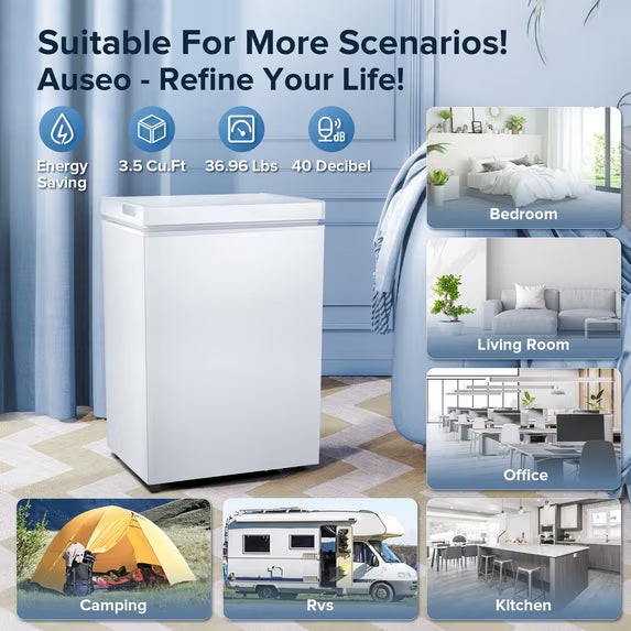 AUSEO Compact Freezer 3.5 cu ft Environmental Chest Freezer, Mini Freezer with 7 Gear Adjustable Temperature, Removable Storage Basket, Energy Saving, White