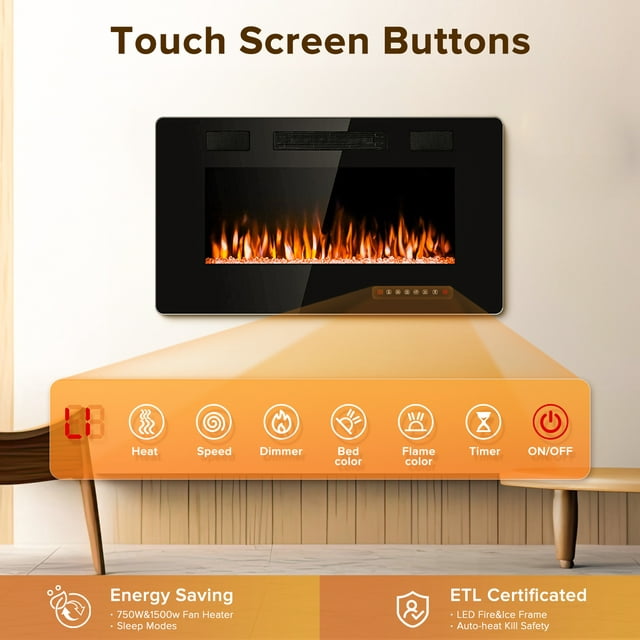 Auseo 30 inch Embedded Wall Mounted Indoor Electric Fireplace, Ultra-thin Low Noise Lightweight LED Fireplace Heater, Touch Screen, Timer, 1500W, Adjustable Flame Color and Speed, Black