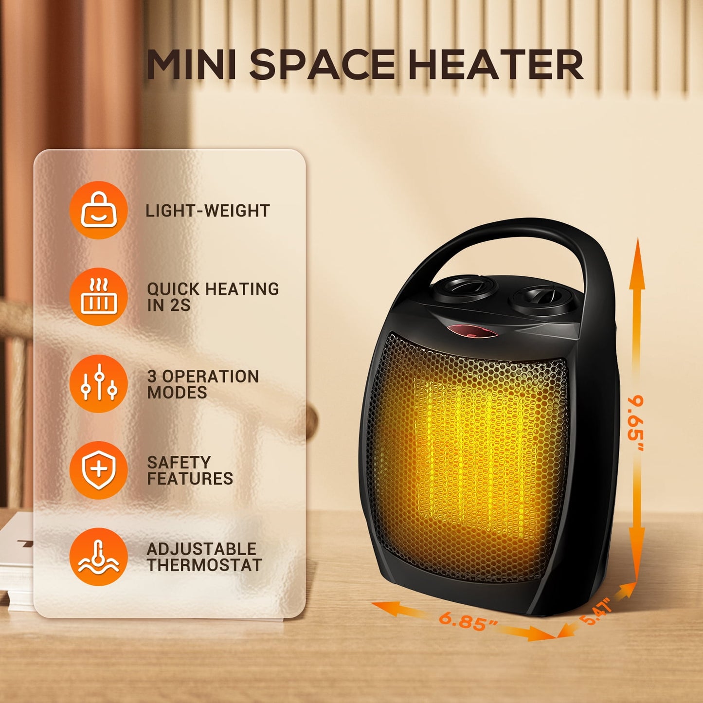 Auseo 1500W Space Heater for Indoor Use, Portable Electric Heater 2S Rapid Heating, Small Space Heater with Thermostat