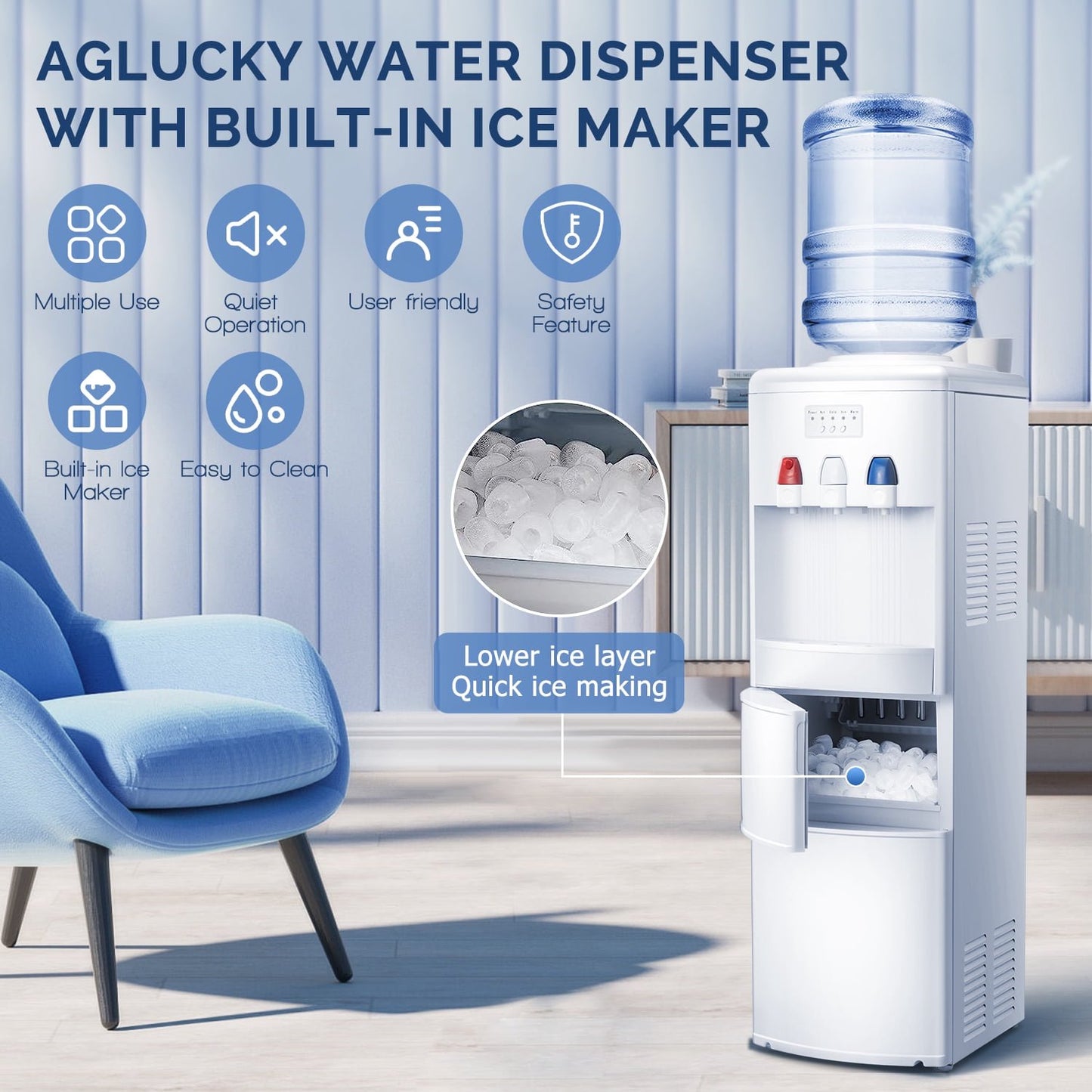 Auseo 5 Gallon Water Cooler Dispenser with Built-in Ice Maker, Top Loading Water Dispenser 3 in 1 Hot/Cold/Room Temperature, Child Lock, White