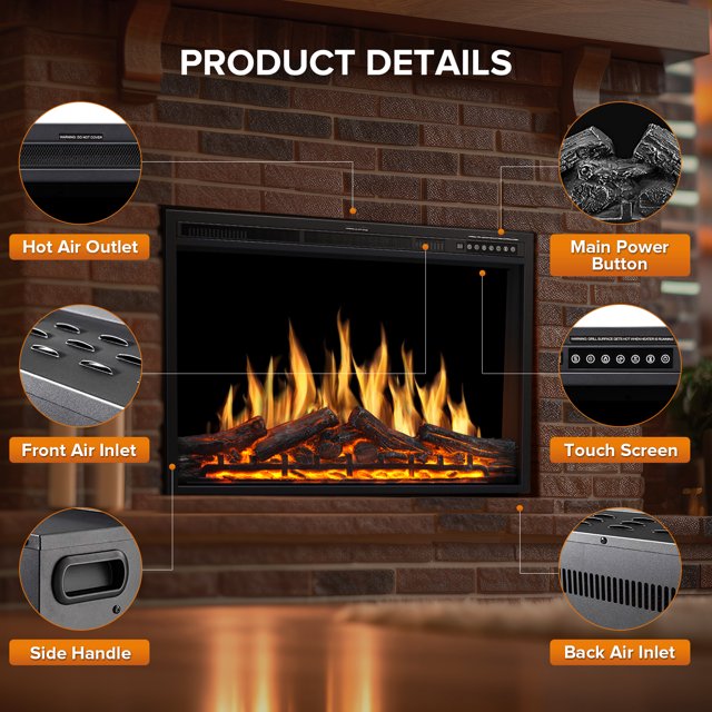 Auseo Electric Fireplace, Infrared Electric Fireplace Insert, 750W/1500W, Black, Remote (37'')