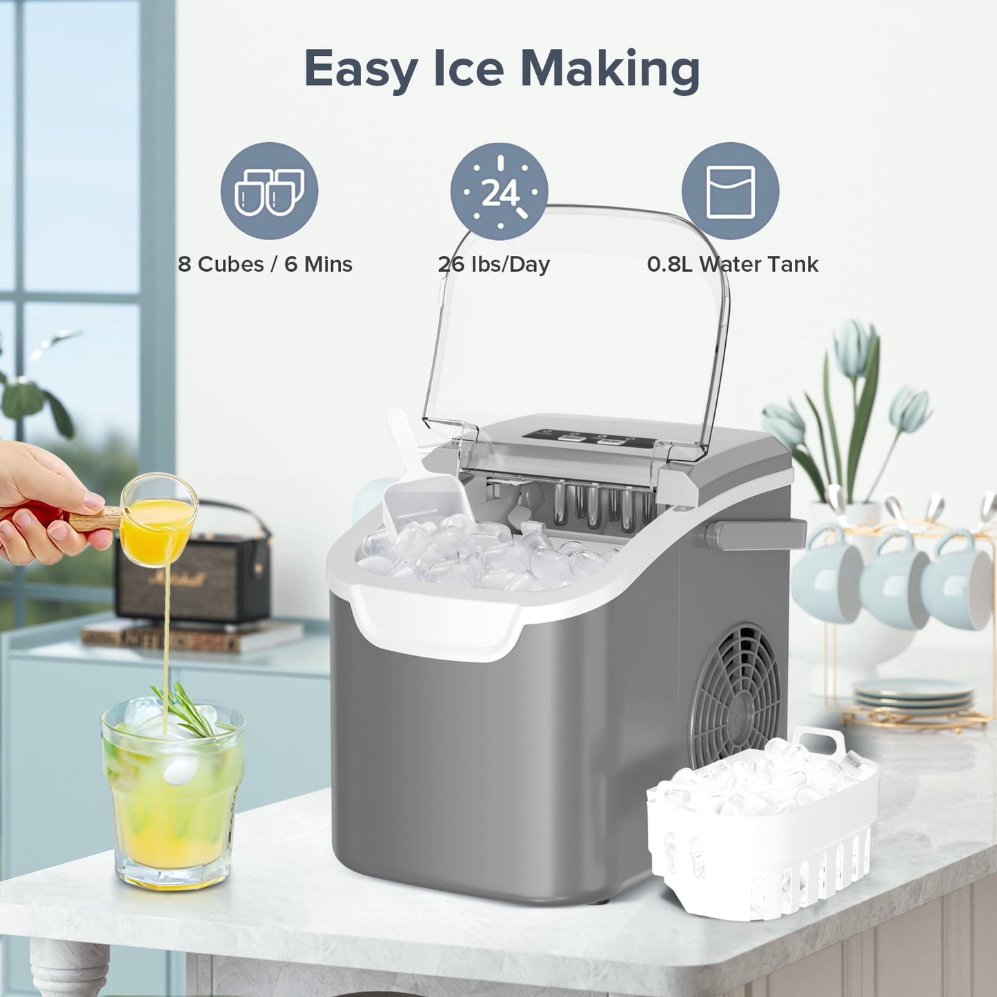 Auseo Portable Ice Maker Countertop, 8 Cubes Ready in 6 Mins, 2 Sizes of Bullet Ice Cubes, 26lbs in 24Hrs, Self-Cleaning Ice Machine with Handle, for Kitchen/Office/Bar/Party-Grey