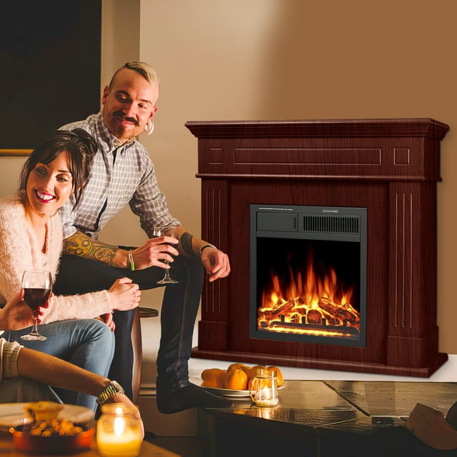 Auseo Electric Fireplace Mantel Package Wooden Surround Firebox TV Stand Free Standing Electric Fireplace Heater with Logs, Adjustable Led Flame, Remote Control, 750W-1500W, Brown