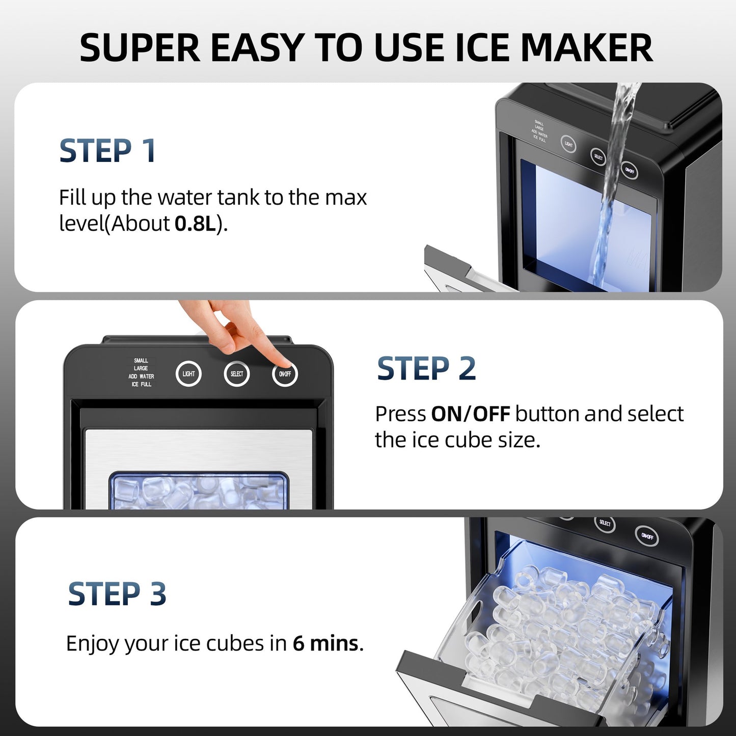 Auseo Countertop Ice Maker Portable, 26 lbs/Day, 8Pcs in 6Mins, Auto-Cleaning, Ice Machine with Ice Scoop, for Home/Office/Party, Silver