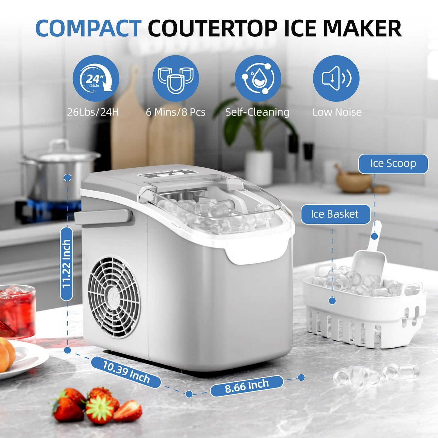 Auseo Countertop Ice Maker, 2 Sizes of Bullet Ice, 26Lbs/24H, 8 Ice Cubes in 6 Mins, Portable Ice Machine with Self-Cleaning for Home/Party/Travel/Camping (Grey)
