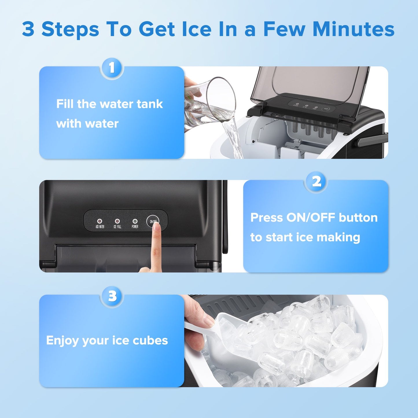 Auseo Portable Ice Maker Countertop, 9Pcs/8Mins, 26lbs/24H, Self-Cleaning Ice Machine with Handle for Kitchen/Office/Bar/Party, Stainless Steel Black