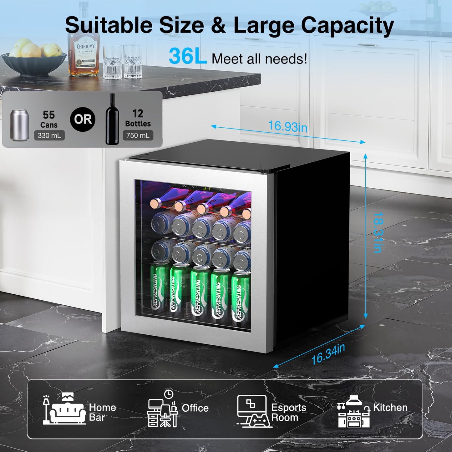 Auseo 55 Cans Mini Beverage Refrigerator & Wine Cooler with Seamless Stainless Steel Glass Door, Mini Fridge for Bedroom /Home/Office