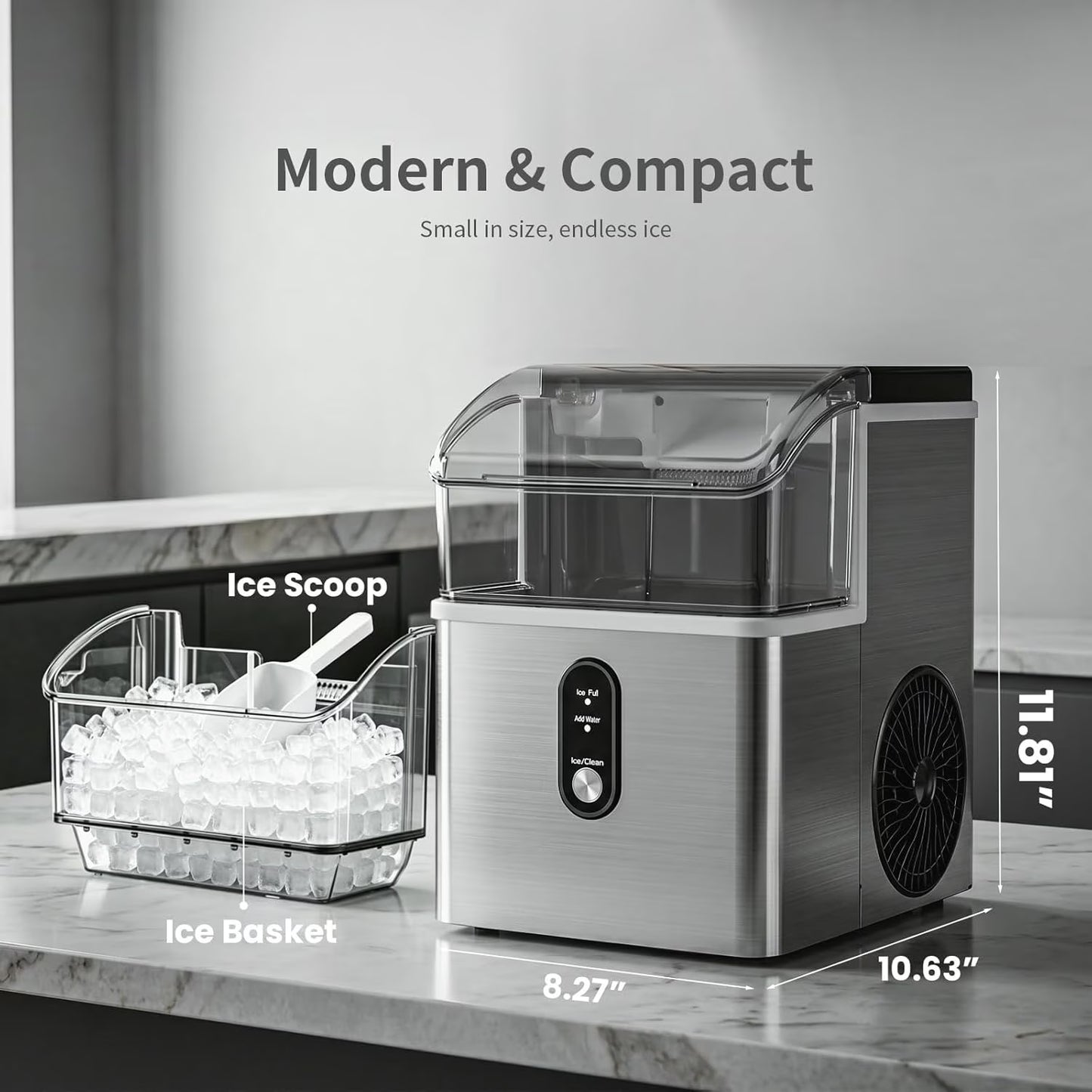 Auseo Nugget Ice Maker Countertop, 35Lbs/24H , 6 Min/Round with Self-Cleaning Stainless Steel Ice Machine，Silver