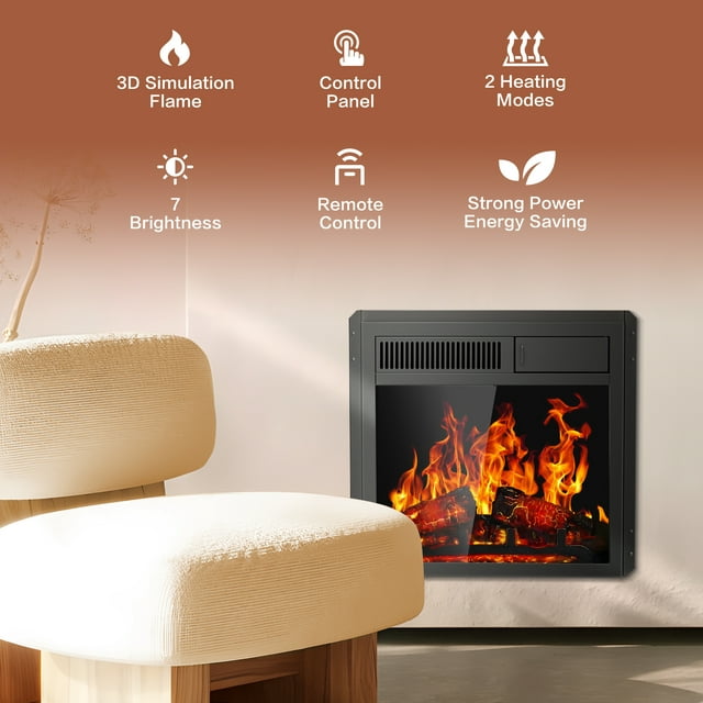 Auseo 20" Electric Fireplace Insert 18" Freestanding Heater with 7 Log Hearth Flame Settings, Remote Control and Adjustable Flame,750W/1500W-Black