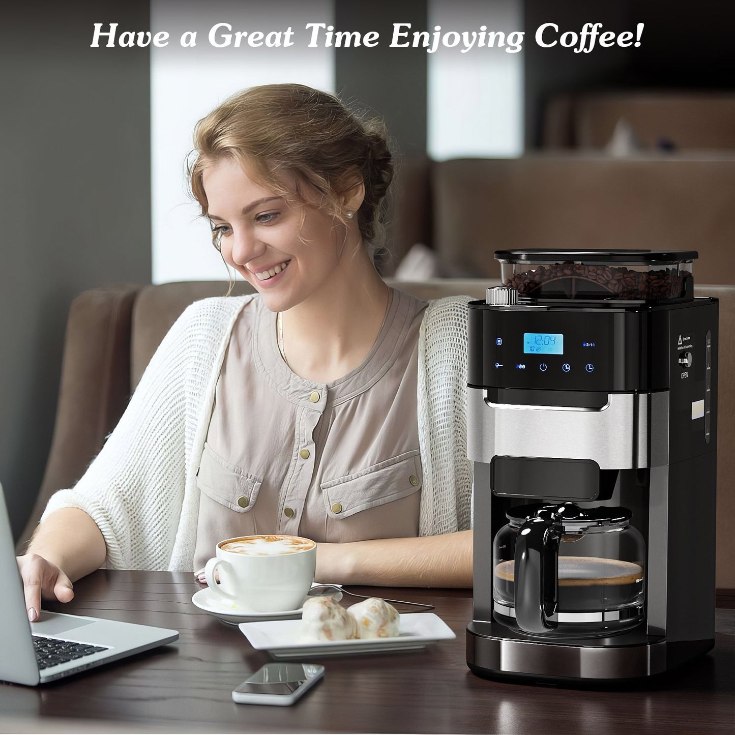 Auseo 10-Cup Drip Coffee Maker with Grinder, Automatic Brew, 3 Brew Strength Options, Warming Plate, Touch Screen, 1.5L Water Tank, Removable Filter for Home