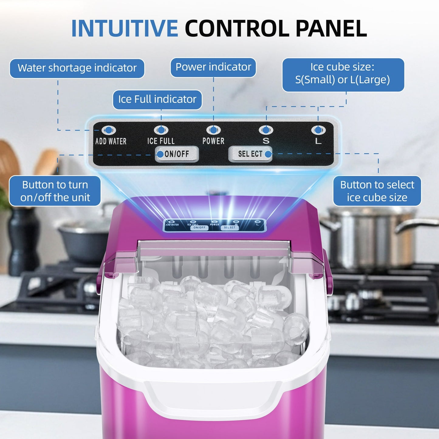 Auseo Countertop Ice Maker, 2 Sizes of Bullet Ice, 26Lbs/24H, 8 Ice Cubes in 6 Mins, Portable Ice Machine with Self-Cleaning for Home/Party/Travel/Camping (Light Purple)