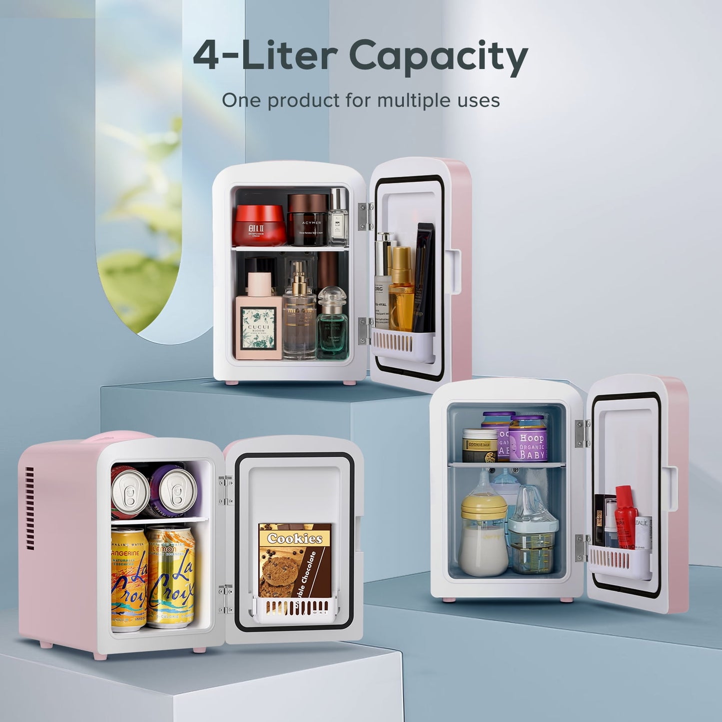 Auseo Mini Personal Fridge Cooler, LED Lighted Mirror, 4L Capacity Portable, Makeup and Skincare - AC/DC Refrigerator, Car, Office Desk & Dorm - Chills 6 Cans, Pink