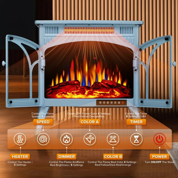 Auseo Electric Fireplace Heater 25’’ with 3D Realistic Flame Effect, Freestanding Fireplace with Remote Control, Timer, Different Flame Color,2 Heating Modes 500W/1500W