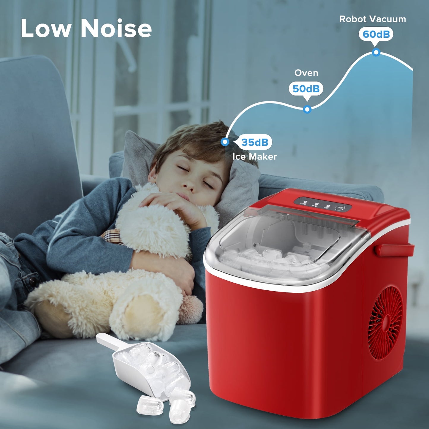 Auseo 26 lbs/24H Countertop Ice Maker Machine, 9 Bullet-Shaped Ice in 6 Min, Auto-Cleaning, Red