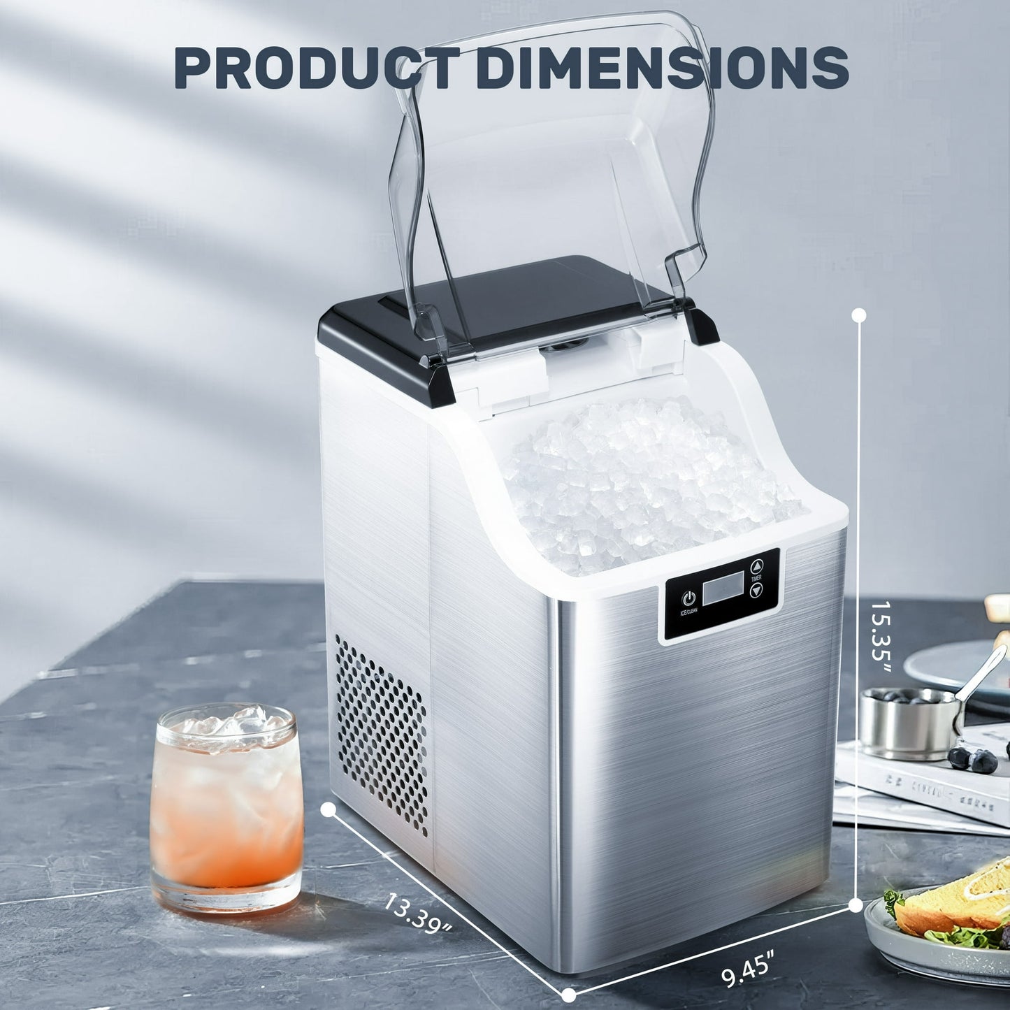 Auseo Nugget Ice Maker Countertop with Soft Chewable Pellet Ice, Self-Cleaning, LED Display, 44lbs/24H, Suitable for Home/Kitchen/Bar/Party - (Silver)