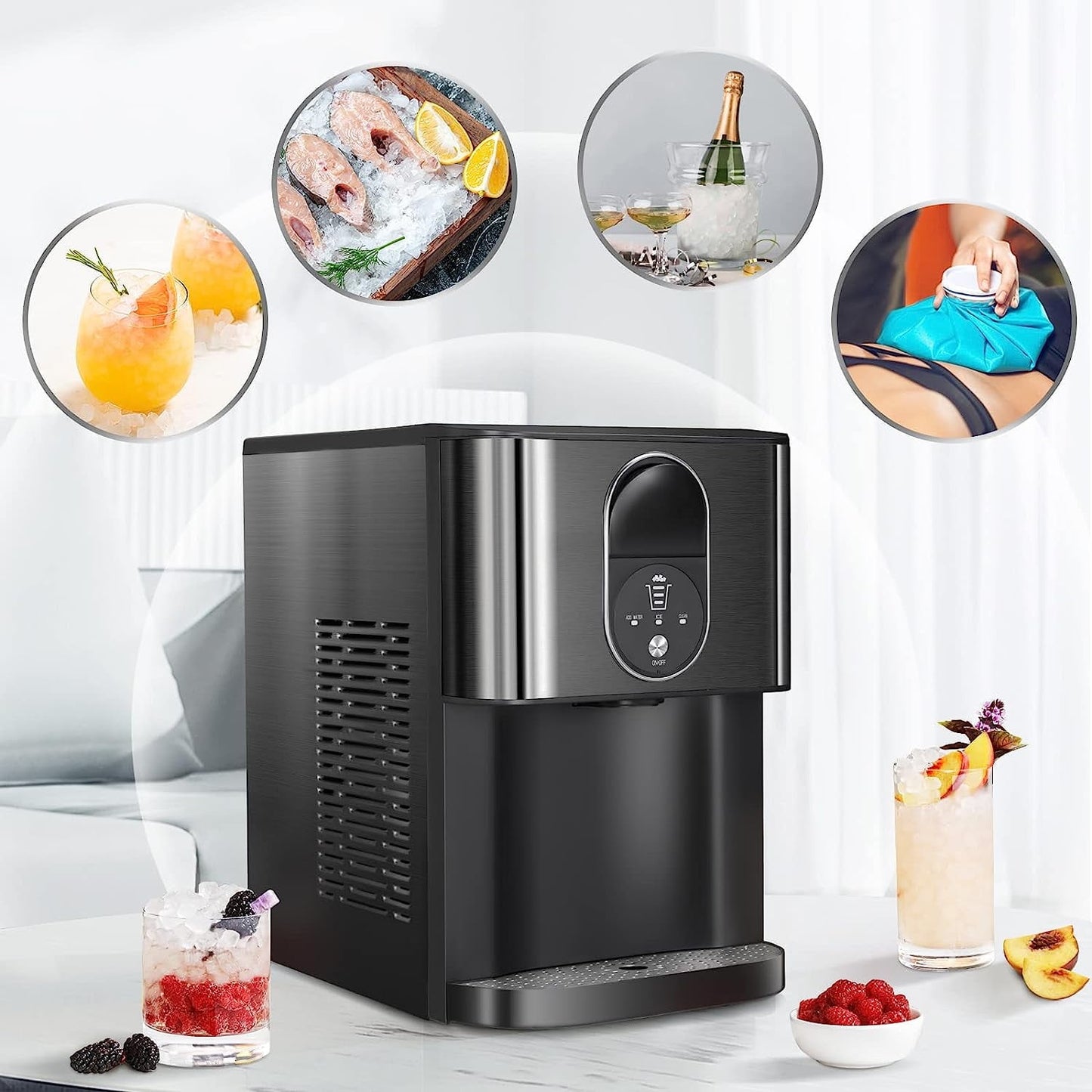Auseo Soft Chewable Nugget Ice Maker Countertop, 44lbs /24H, Self-Cleaning, One-Button Operation, Home/Kitchen/Office/Party, Black