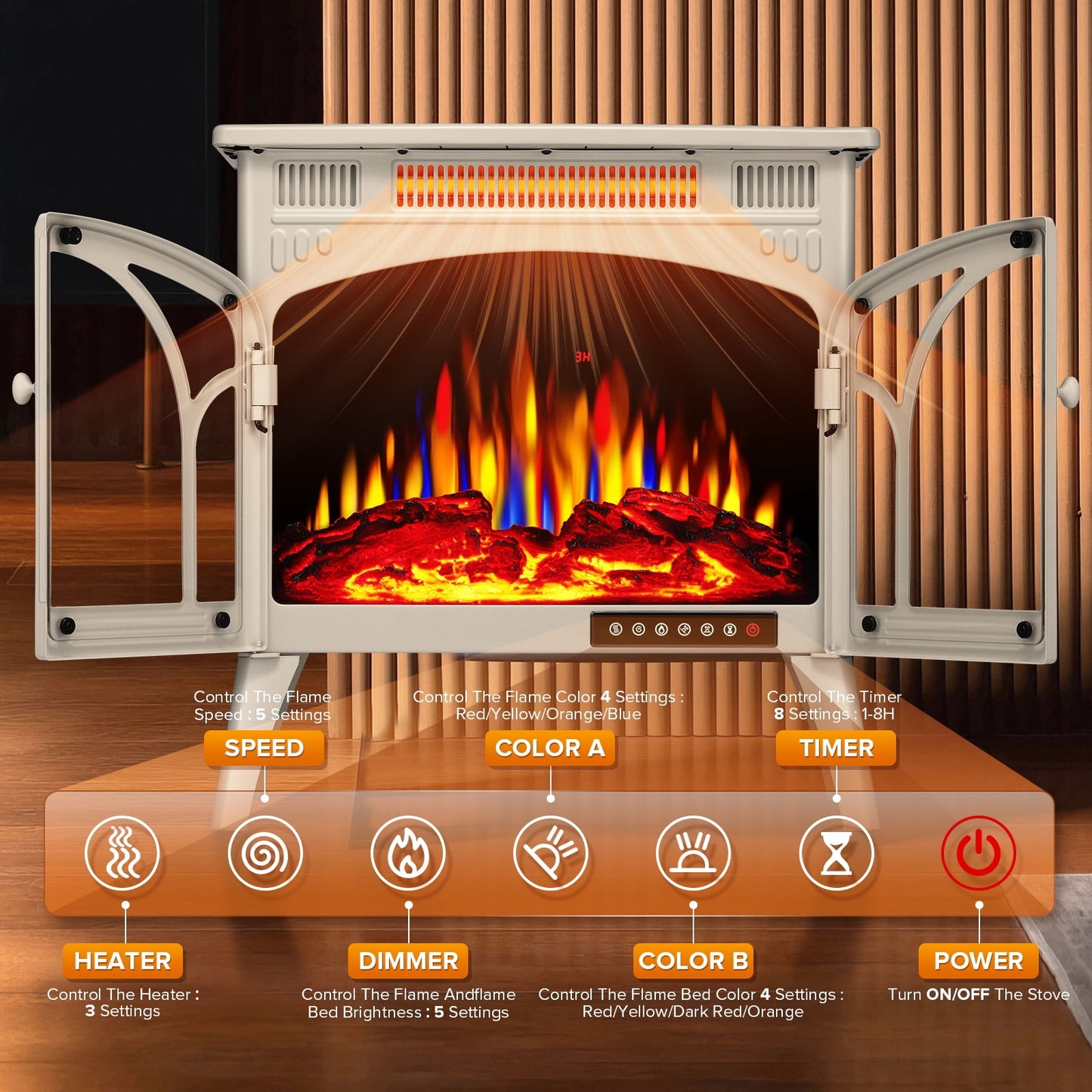 Auseo Electric Fireplace Heater 25’’ with 3D Realistic Flame Effect, Freestanding Fireplace with Remote Control, Timer, Different Flame Color,2 Heating Modes 500W/1500W, Beige