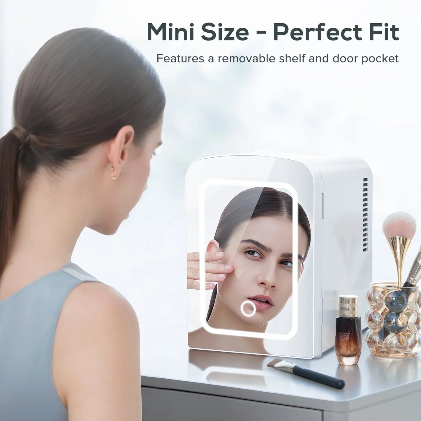 Auseo Mini Personal Fridge Cooler, LED Lighted Mirror, 4L Capacity Portable, Makeup and Skincare - AC/DC Refrigerator, Car, Office Desk & Dorm - Chills 6 Cans, White