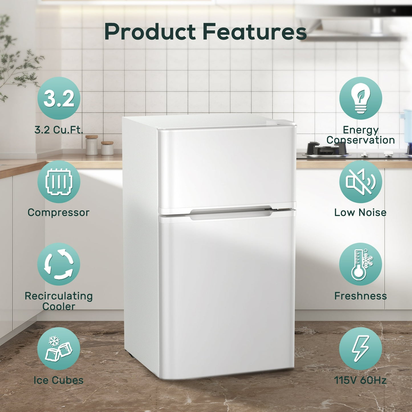 Auseo 2 Door 3.2 Cu.Ft Mini Fridge Adjustable Temperature Refrigerators with Removable Shelves, Suitable for Home/Kitchen/Office/Dorm, White