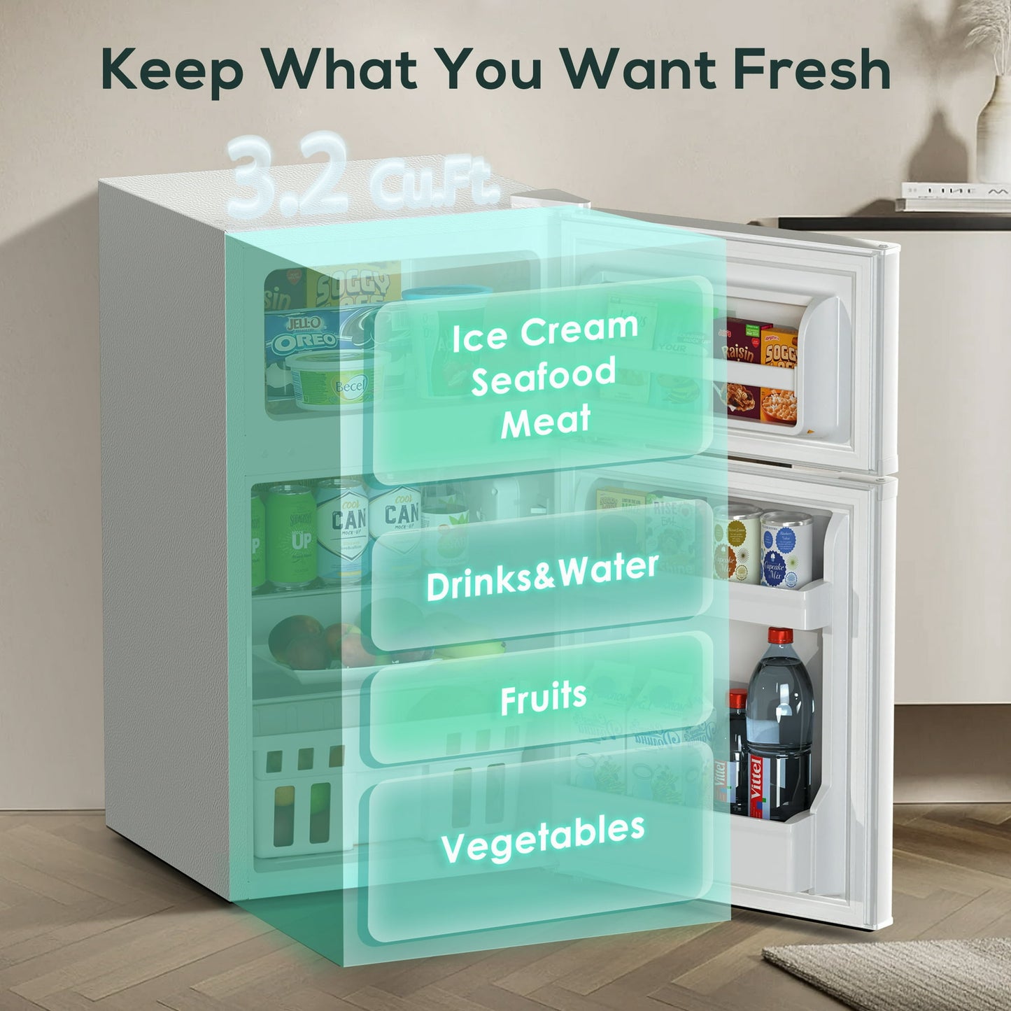 Auseo 2 Door 3.2 Cu.Ft Mini Fridge Adjustable Temperature Refrigerators with Removable Shelves, Suitable for Home/Kitchen/Office/Dorm, White