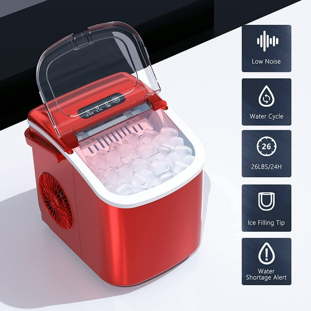 Auseo Countertop Ice Maker Portable Ice Machine, Basket Handle,Self-Cleaning Ice Makers, 26Lbs/24H, 9 Ice Cubes Ready in 6 Mins, S/L ice, for Home Kitchen Bar Party (Red)