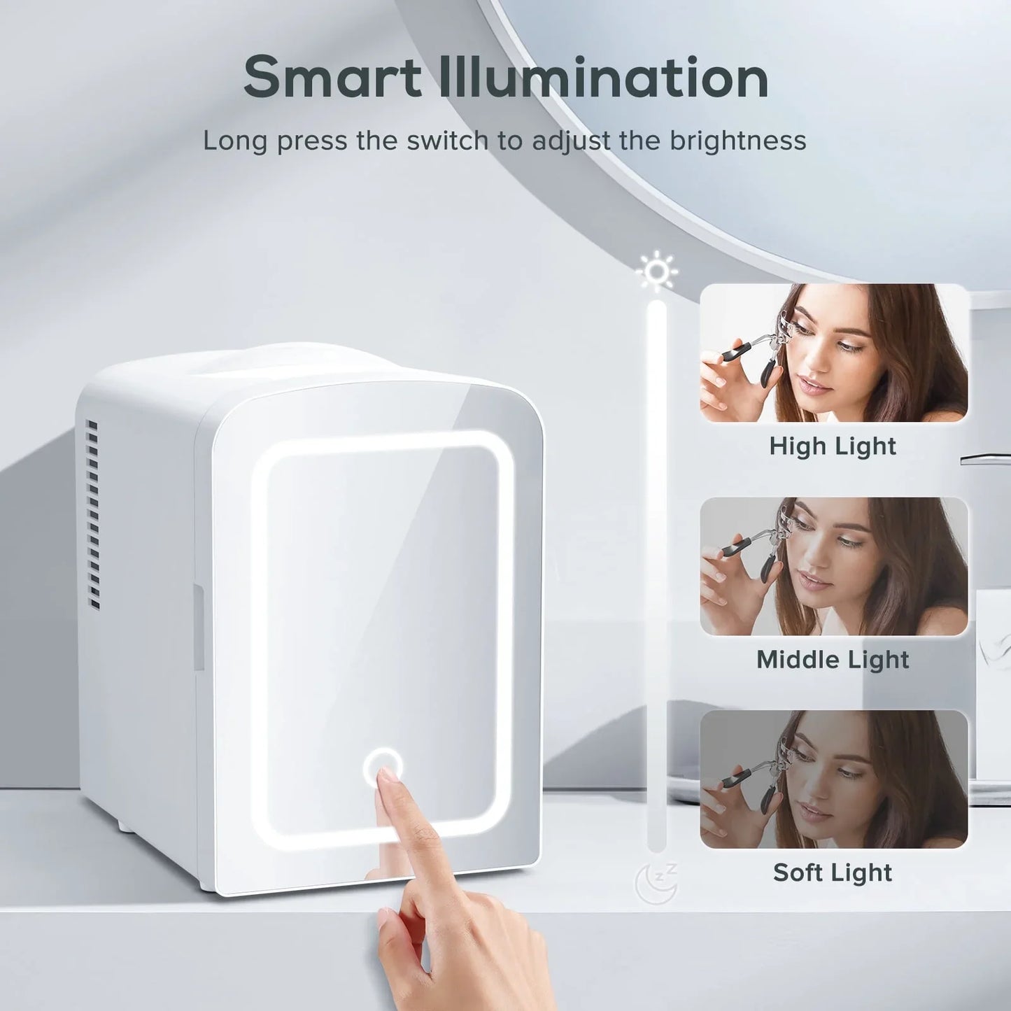 Auseo Mini Personal Fridge Cooler, LED Lighted Mirror, 4L Capacity Portable, Makeup and Skincare - AC/DC Refrigerator, Car, Office Desk & Dorm - Chills 6 Cans, White