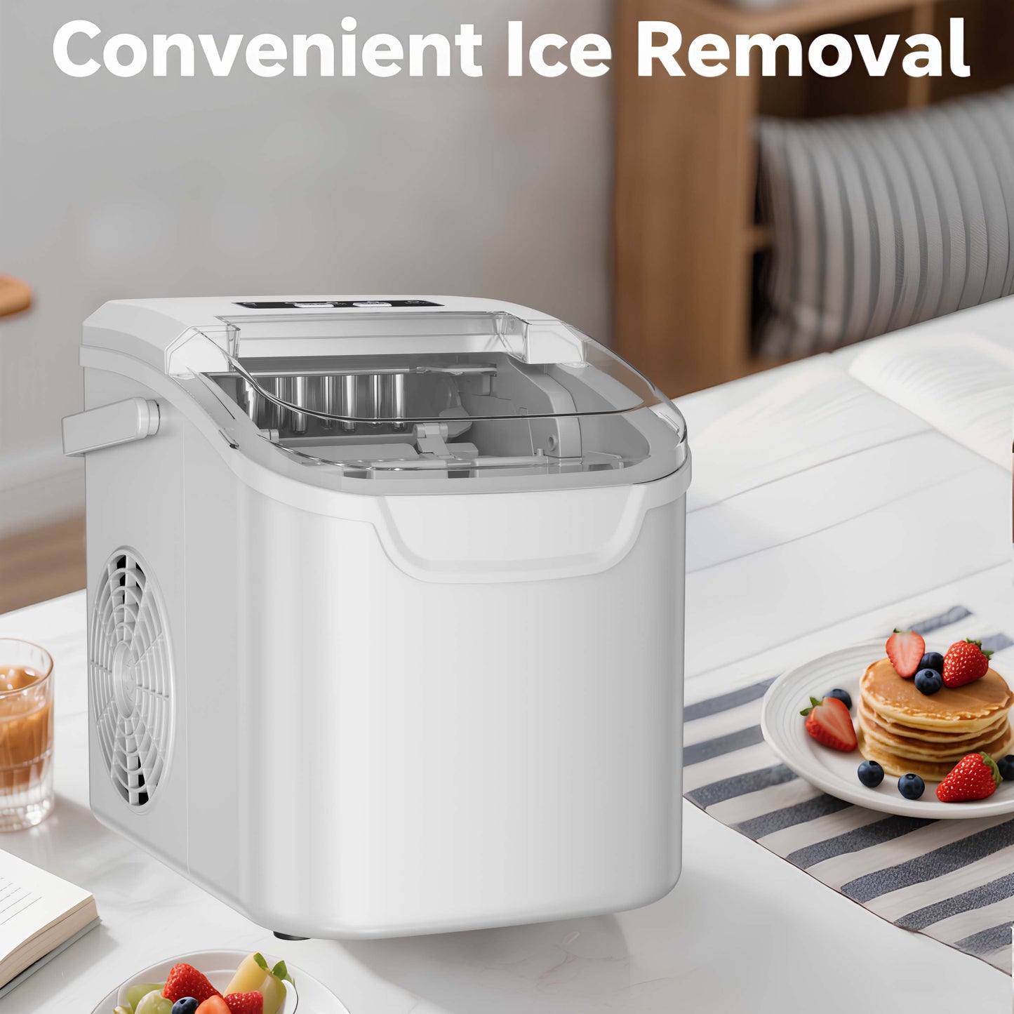 Auseo Portable Ice Maker Countertop, 2 Sizes of Bullet Ice Cubes, Self-Cleaning Ice Machine with Handle for Kitchen/Office/Bar/Party, White