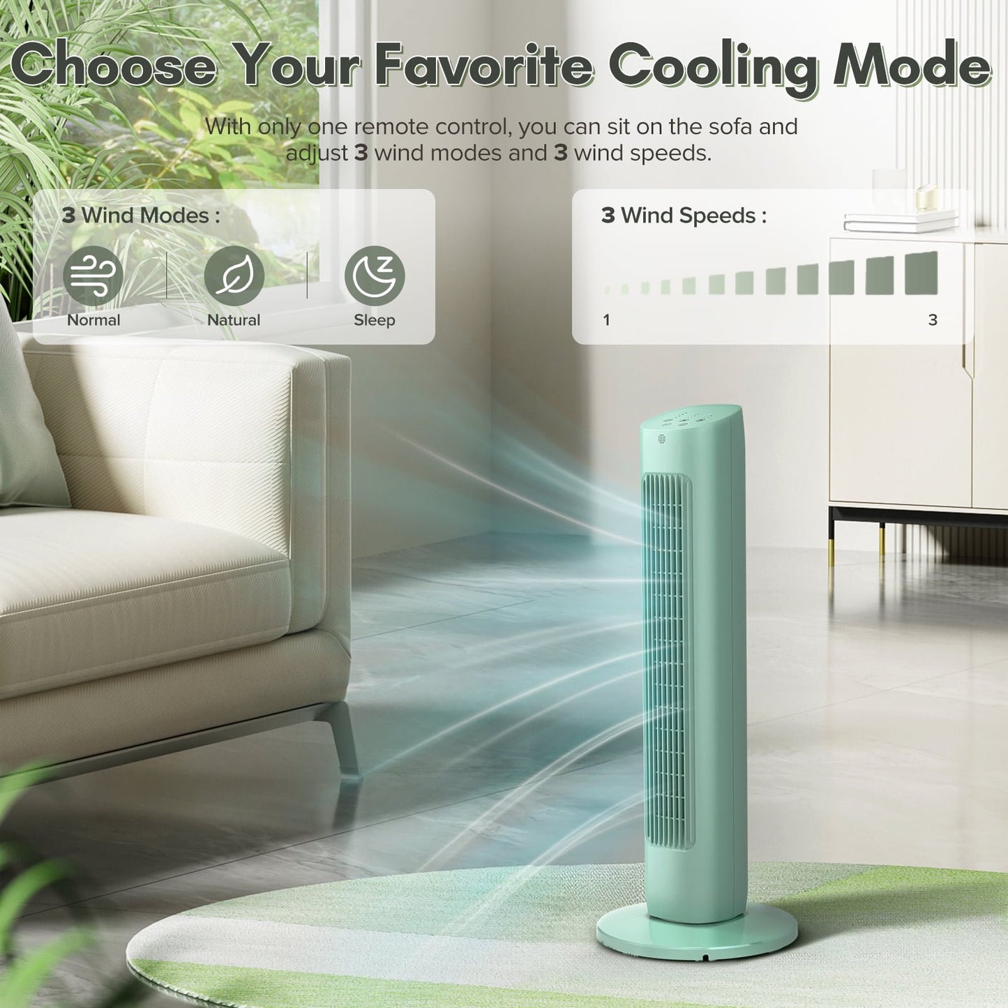 Auseo Tower Fan for Home, Remote Control, Standing Fan for Office, Portable Bladeless Floor Fan, 3 Wind Speed,30"(Green)