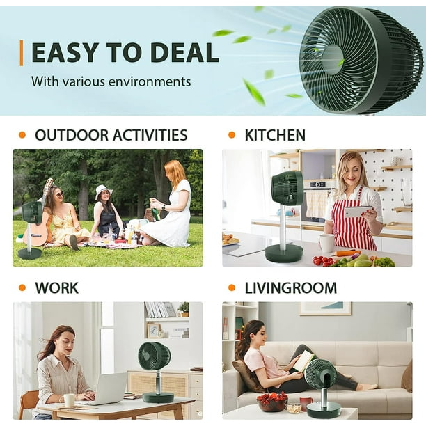 Auseo Portable Foldable Pedestal Fan- Rechargeable Battery Folding Standing Table Fan with 10 Speeds with Remote Control-Green