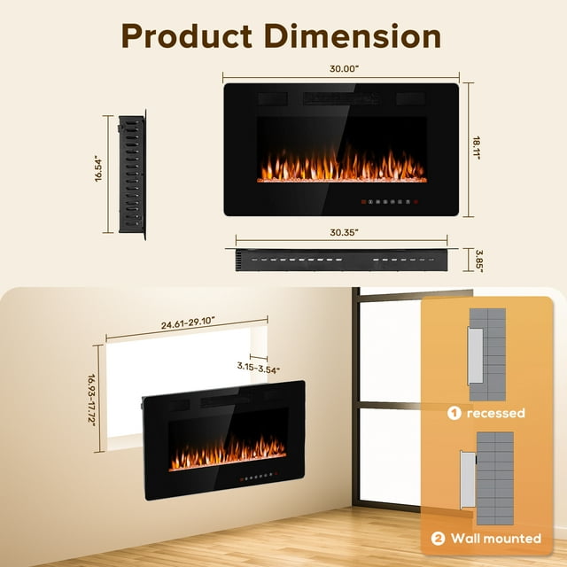 Auseo 30 inch Embedded Wall Mounted Indoor Electric Fireplace, Ultra-thin Low Noise Lightweight LED Fireplace Heater, Touch Screen, Timer, 1500W, Adjustable Flame Color and Speed, Black