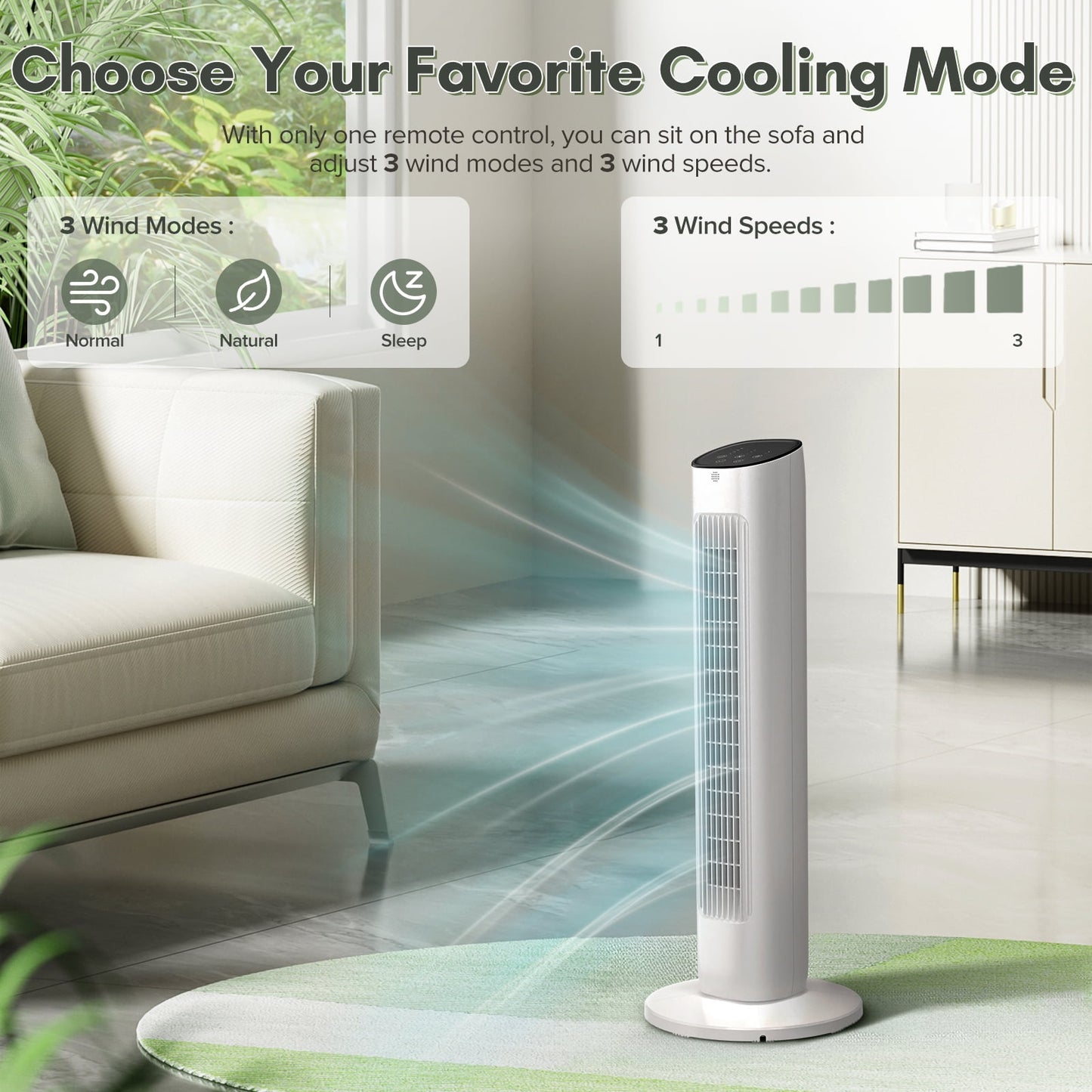 Auseo Tower Fan for Bedroom, 30" Portable,85° Oscillating Fans with 3 Speeds, 15H Timer, Normal/Natural/Sleep 3 Modes,White