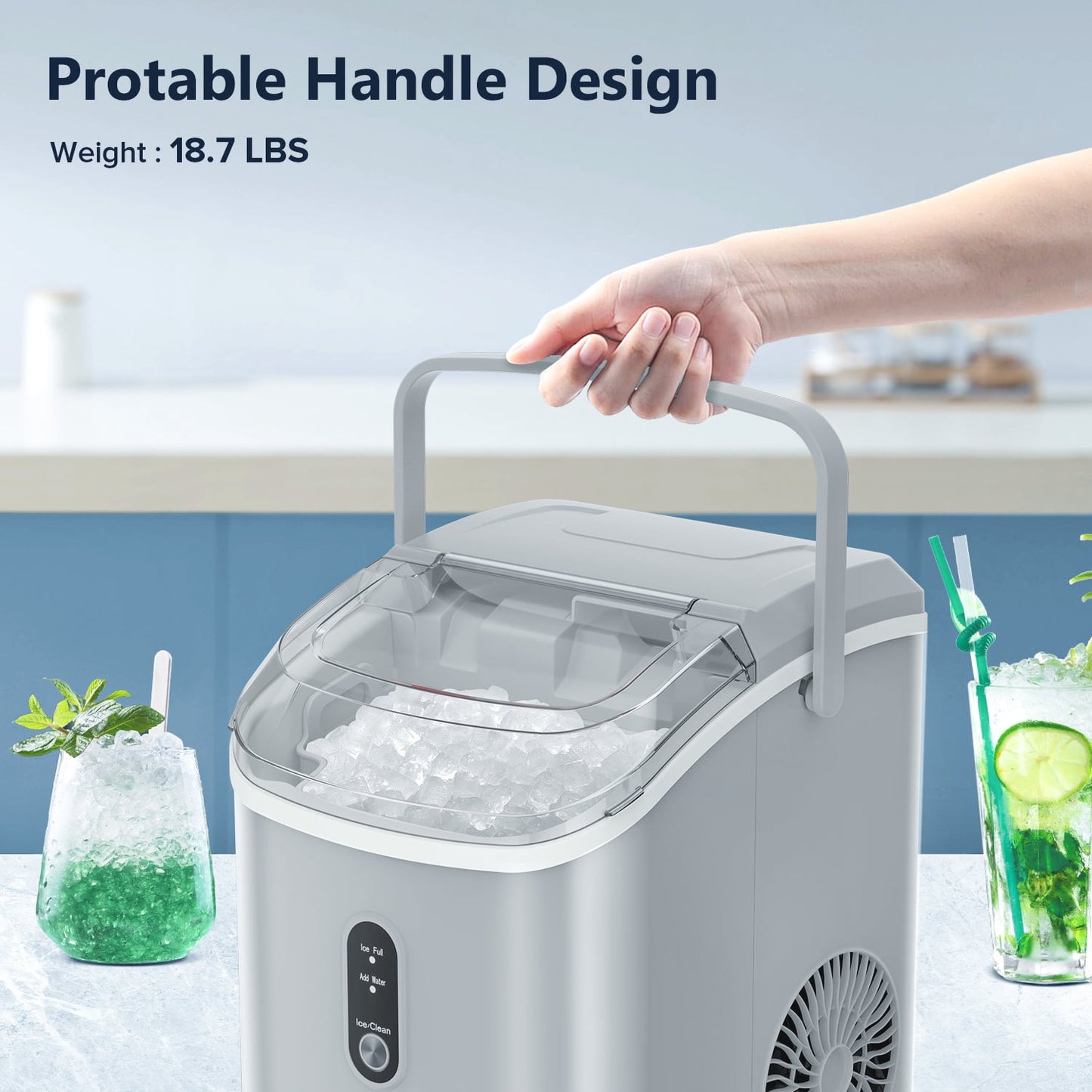 Auseo Nugget Ice Maker Countertop , 35lbs/24H, Self-Cleaning, Ice Basket & Ice Shovel & Handle, for Home/Office/Party, Gray