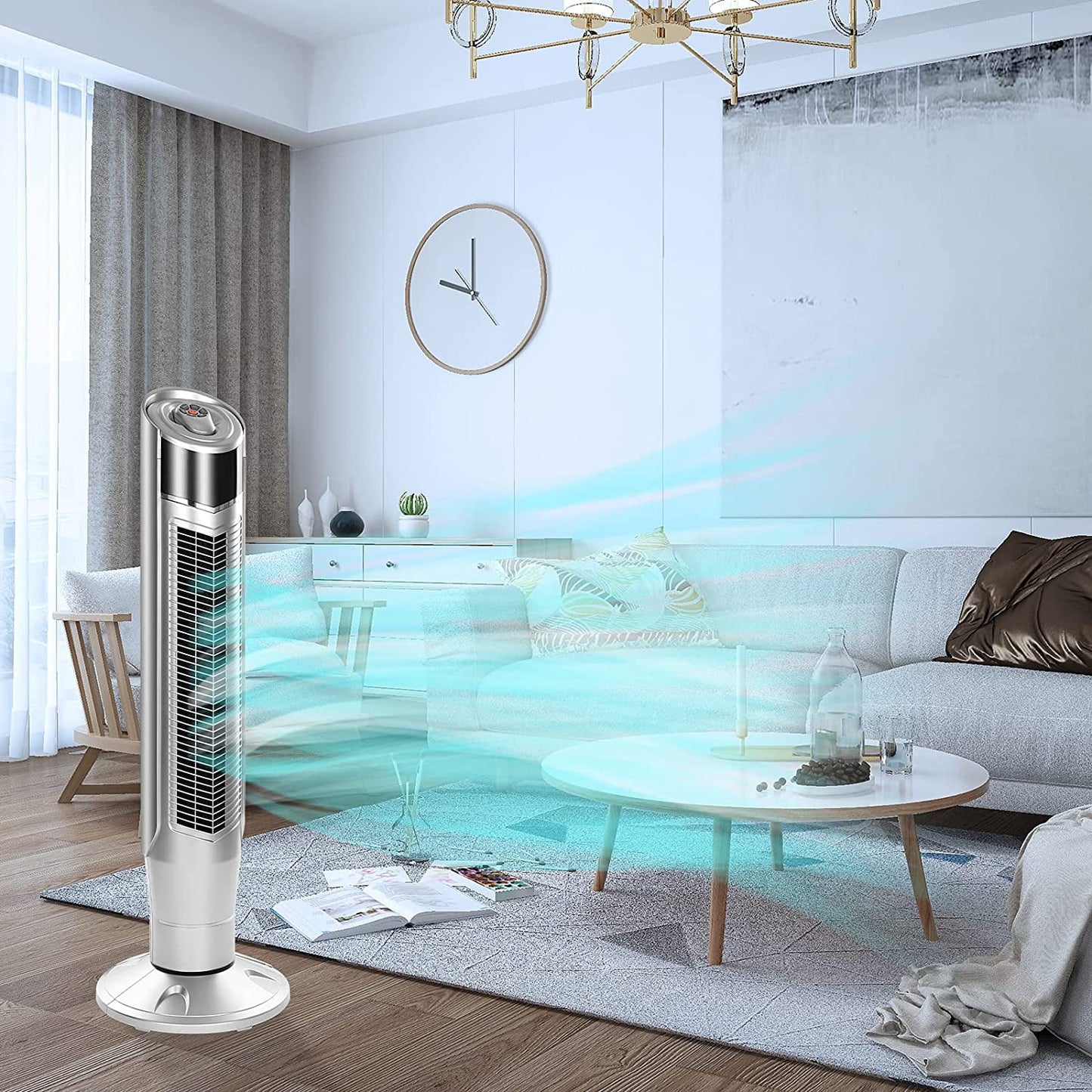 Auseo Tower Fan, Standing Fan Oscillating, Room Fan, Portable Bladeless, Quiet Floor Fan with Remote, 6 Speeds, 3 Modes, 24H Timer for Bedroom, and Home Office Use, (40-inch, SILVER)