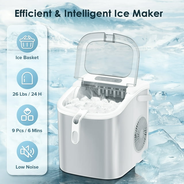 Auseo Countertop Ice Maker, Portable Ice Machine with Handle, 26Lbs/24H, 9 Cubes Ready in 6 Mins, One-Click Operation Ice Makers with Ice Scoop and Basket, for Kitchen/Office/Bar/Party (White)