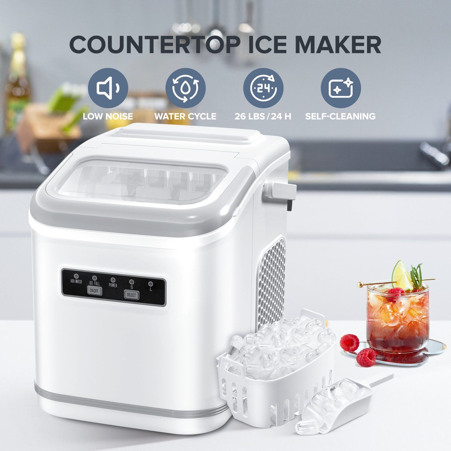 Auseo Countertop Ice Maker Machine with Handle, 26lbs in 24Hrs, 9 Ice Cubes Ready in 6-13 Mins, Auto-Cleaning Portable with Scoop Basket, for Home/Kitchen/Camping(White)