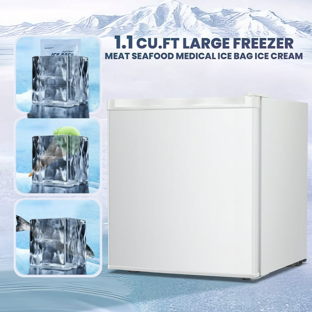 Auseo 1.1 Cu.ft Compact Upright Freezer with Reversible Single Door, Removable Shelves Free Standing Mini Freezer with Adjustable Thermostat for Home/Kitchen/Office-White