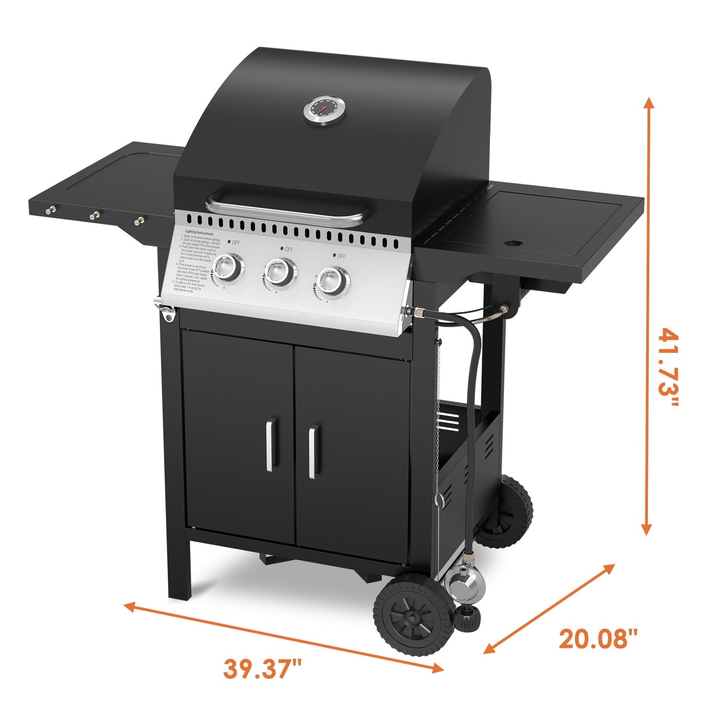 Auseo 2+1 Burner LPG Barbecue Grill (31000BTU) with Side Burner, Stainless Steel, Black