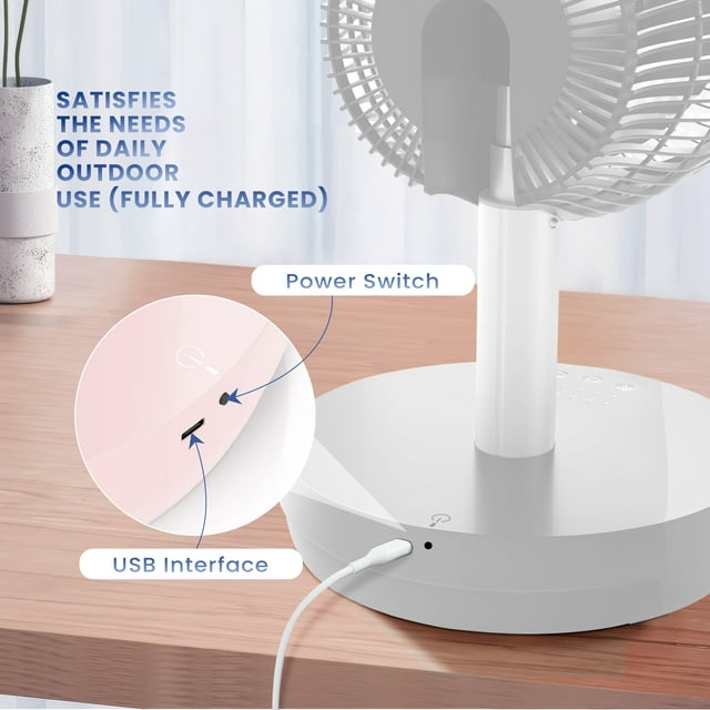 Auseo Portable Foldable Pedestal Fan- Rechargeable Battery Folding Standing Table Fan with 10 Speeds with Remote Control-White