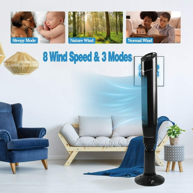 Auseo Tower Fan 360°Oscillating Fan Quiet Cooling 24H Timer Remote Control Powerful Standing 8 Wind Speed 3 Wind Modes Bladeless Floor Fans Portable LED Display,Bedroom Office 59-Inch black