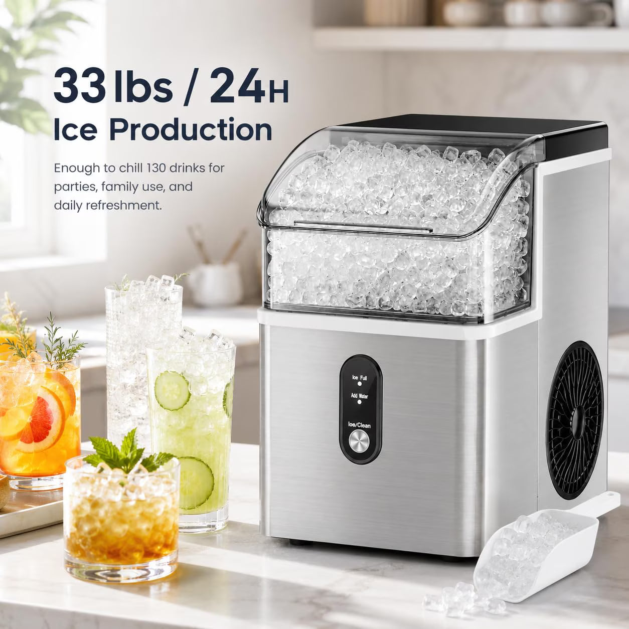 Auseo Nugget Ice Maker Countertop, 35Lbs/24H , 6 Min/Round with Self-Cleaning Stainless Steel Ice Machine，Silver