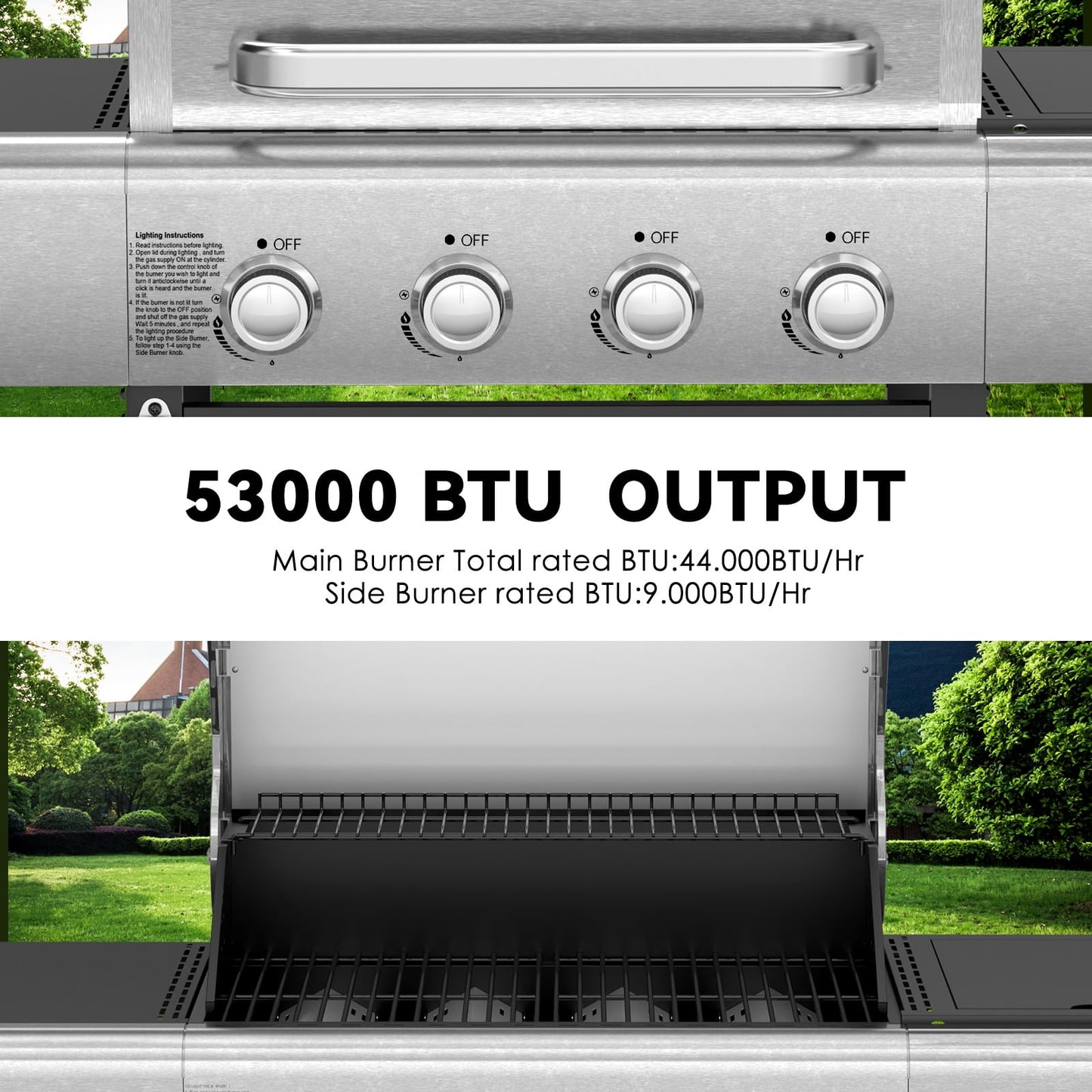 Auseo High-End Outdoor Liquefied Petroleum Gas Barbecue Grill, 4+1 Burner (53000BTU), High-Quality Stainless Steel, Silver