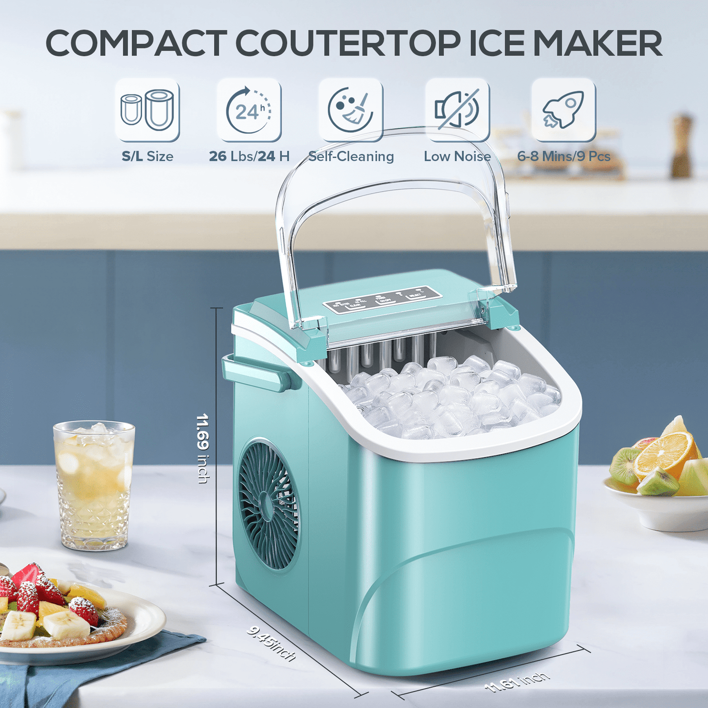 Auseo 26 lbs/24H Countertop Ice Maker Machine, 2 Sizes of Bullet Ice, 9 Bullet-Shaped Ice in 6 Min, Auto-Cleaning, Green