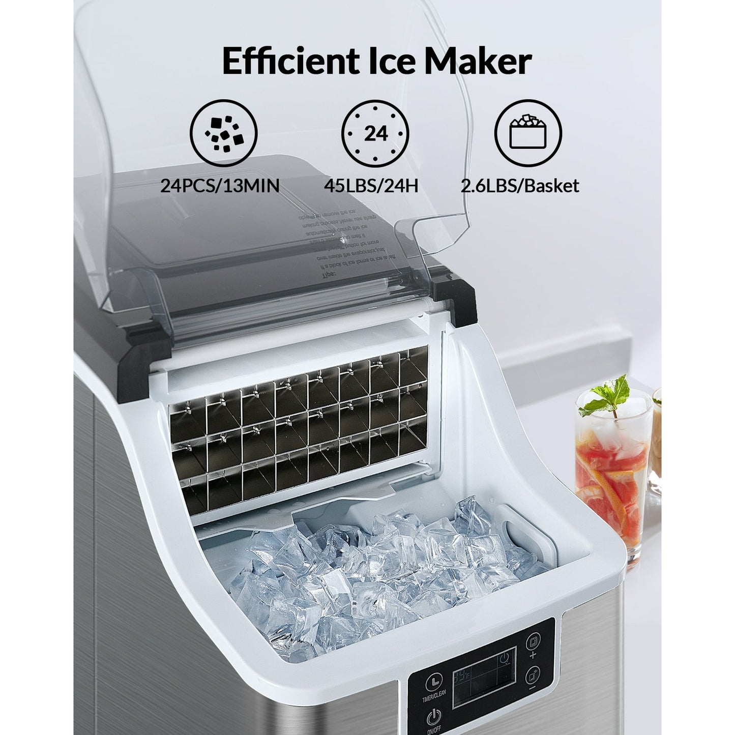 Auseo Countertop Ice Maker, 44Lbs/24H Self-Cleaning Ice Makers, 24 Pcs Ice Cube in 12 Mins with Ice Scoop & Basket, for Home/Kitchen/Office-Silver