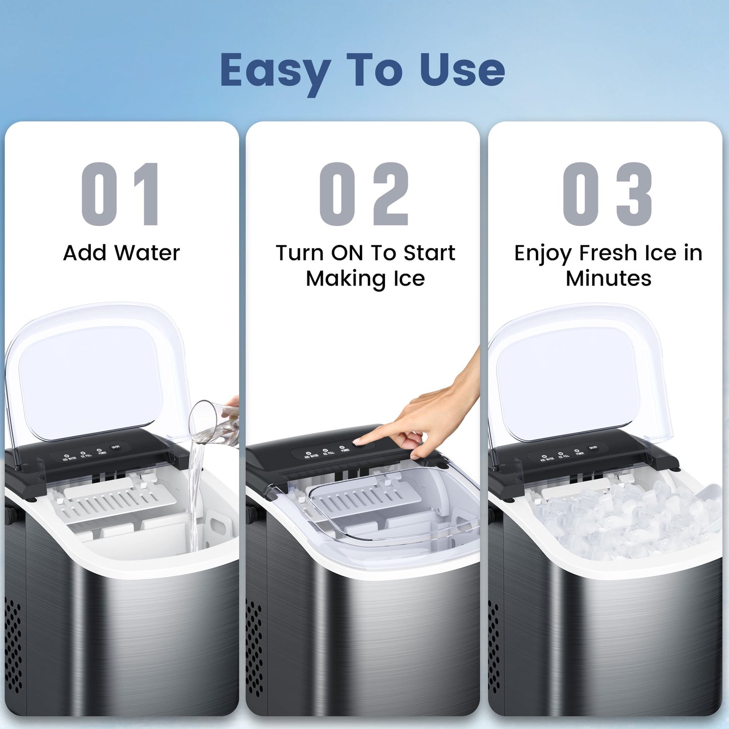 Auseo Stainless Steel Countertop Ice Maker, 9 Bullet-Shaped Ice Cubes Ready in 6 Mins, 26Lbs/24H with Scoop & Basket & Handle, Black