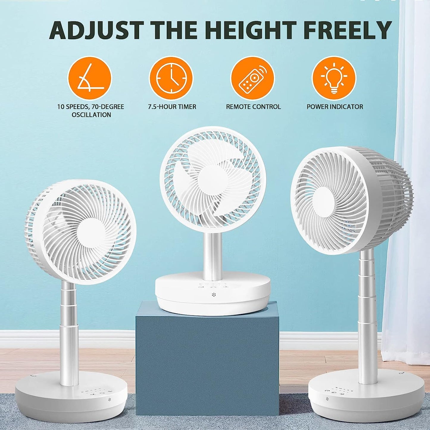 Auseo Foldable Fan, Oscillating Fan, 10 Speeds, Remote Control, Rechargeable Portable Table Fan, for Home\Camping\Office, White