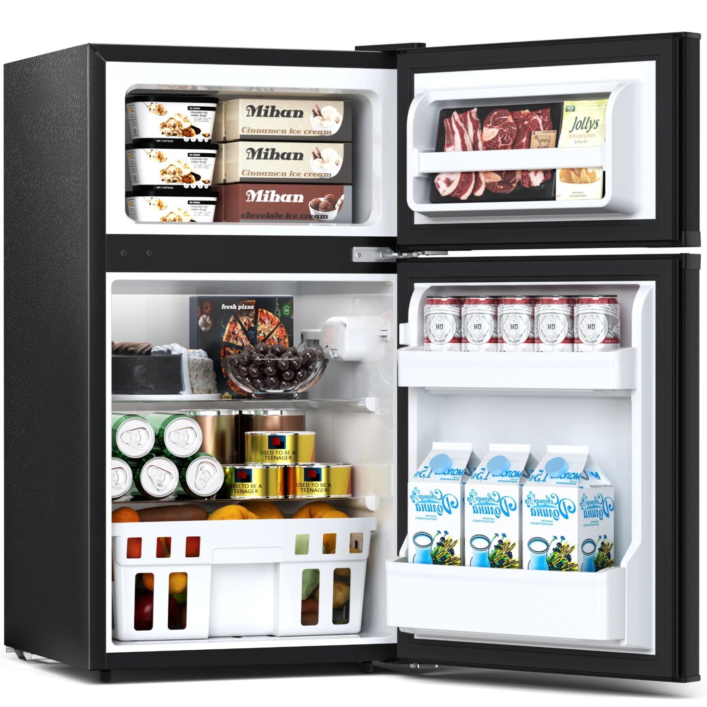Auseo Two Door Mini Fridge 3.2 Cu.ft 115 Volt 60 Hz Low Noise Adjustable Temperature Suitable for Kitchen Living Room Office and Dormitory Black