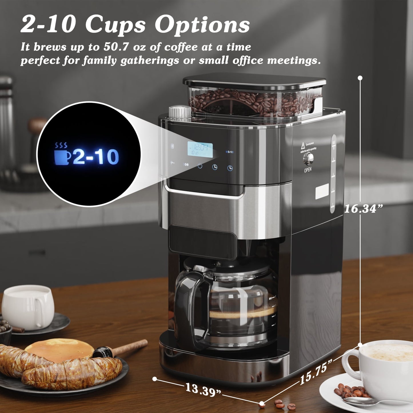 Auseo 10-Cup Drip Coffee Maker with Grinder, Automatic Brew, 3 Brew Strength Options, Warming Plate, Touch Screen, 1.5L Water Tank, Removable Filter for Home