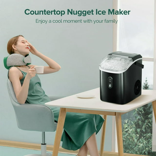 Auseo Portable Nugget Ice Maker Countertop, Self-Cleaning Function, 33lbs/24H, for Home/Office/Party Stainless Steel--Black