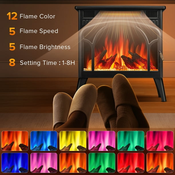 Auseo Electric Fireplace Heater 25’’ with 3D Realistic Flame Effect, Freestanding Fireplace, Different Flame Color, 500W/1500W,- Black