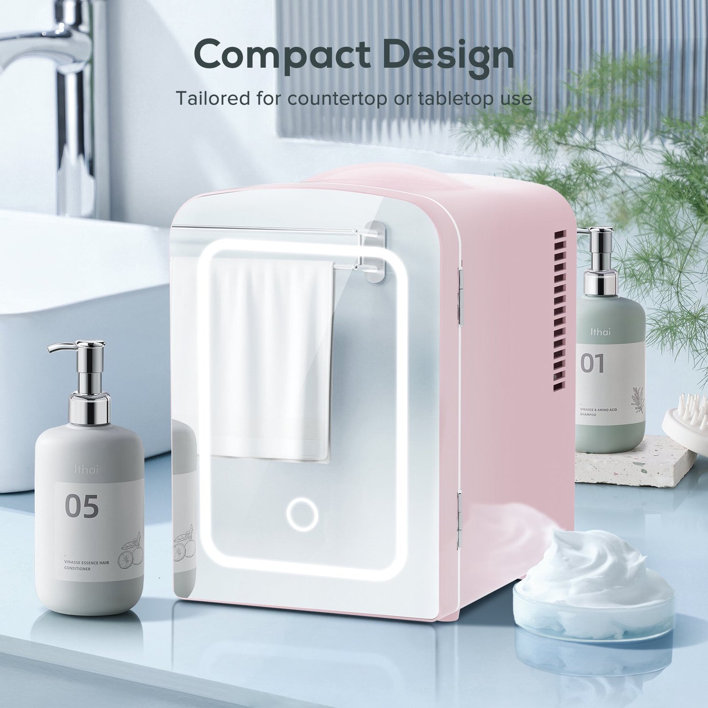 Auseo Mini Personal Fridge Cooler, LED Lighted Mirror, 4L Capacity Portable, Makeup and Skincare - AC/DC Refrigerator, Car, Office Desk & Dorm - Chills 6 Cans, Pink